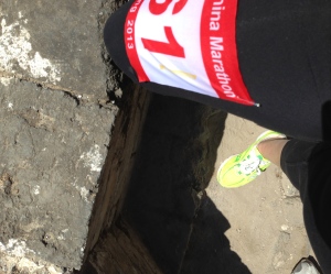 It was an accidental photo. But there's my bib. My dumb ass minimal shoes. And a "stair step." GWCM 2013.